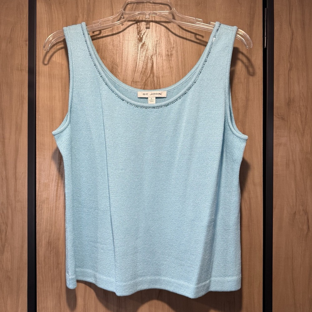 Vintage St John Santana Knit Tank Top Large Aqua Blue Rhinestone Trim EUC USA